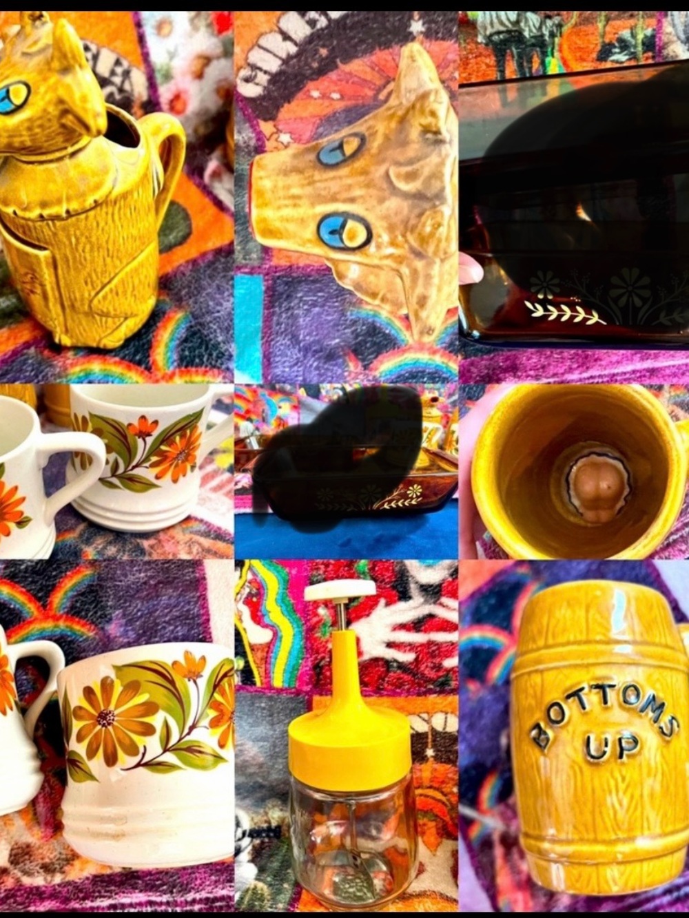 🌼LOT VINTAGE BOHO 1960’s KITCHEN BLENDER, , DAISY MUGS, COW CREAMER